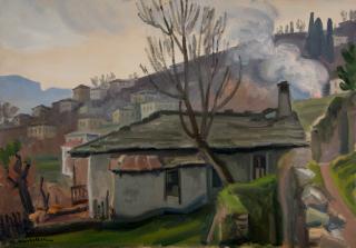 Zagora, the Oldest House, Smoke — Oil painting, Canvas, 46.00×65.00cm — Theodoros Markellos